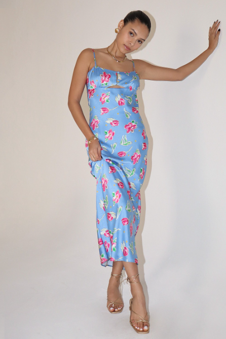 Floral Pattern Satin Long Dress with Back String