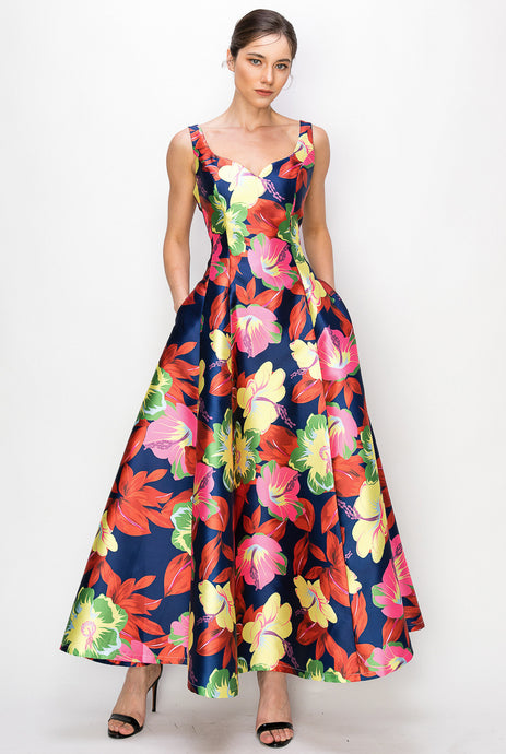 Flower Print Heart Neckline Sleeveless Maxi Skirt Dress