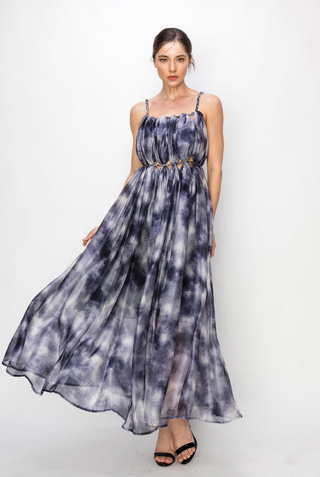 Sleeveless Pleated Detail Tie dye print Maxi Dress