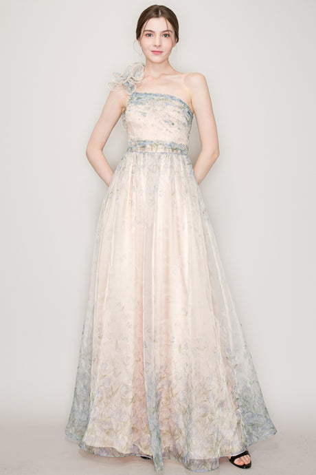 Organza One Ruffle Shoulder Floral Print Maxi Dress