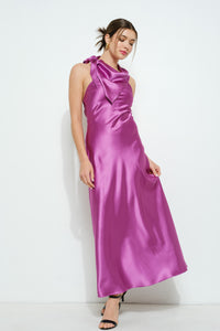 Satin Sleeveless Knot-drape Halter Maxi Dress