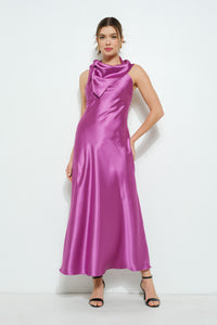 Satin Sleeveless Knot-drape Halter Maxi Dress