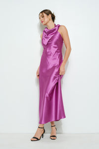 Satin Sleeveless Knot-drape Halter Maxi Dress