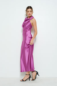 Satin Sleeveless Knot-drape Halter Maxi Dress