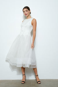 Pearl Embellished Sheer Tulle Midi Dress