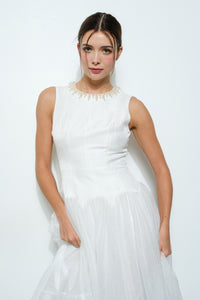 Pearl Embellished Sheer Tulle Midi Dress