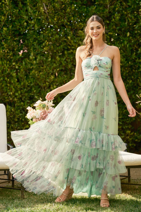 Floral Shirred Cut-Out Maxi Dress