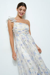 Floral One-shoulder Dots Chiffon Maxi Dress