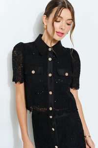 Puff Short Sleeve Pearl Button Lace Shirt