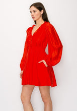Load image into Gallery viewer, Long Puff Sleeves Ruffle V-neck Smoking Waist Mini Dress