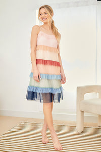 Color Blocked Mesh Ruffle Dress