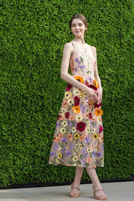 Sleeveless Floral Embroidered Midi Dress