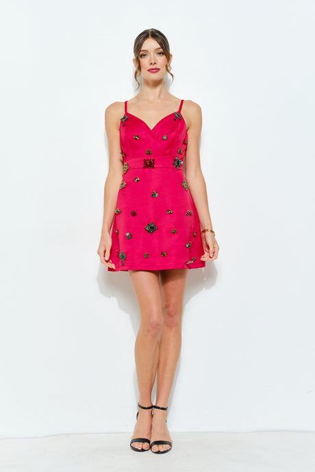 Sleeveless Embellished Jewel Satin Mini Dress