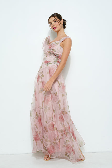 Floral Print Flower Corsage Detail Maxi Dress