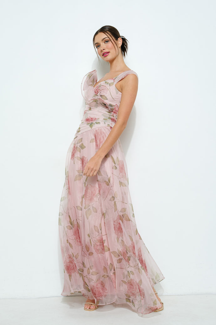 Floral Print Flower Corsage Detail Maxi Dress