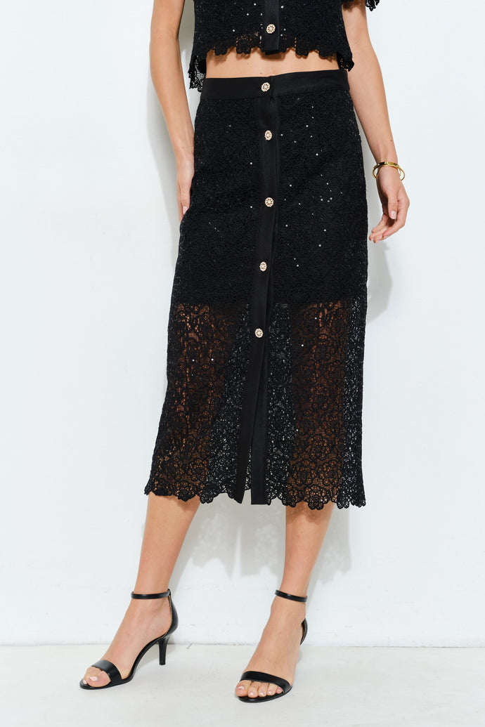 Floral Lace Button-front Midi Skirt
