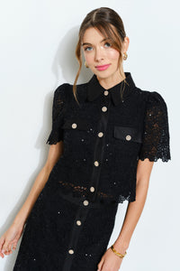 Puff Short Sleeve Pearl Button Lace Shirt