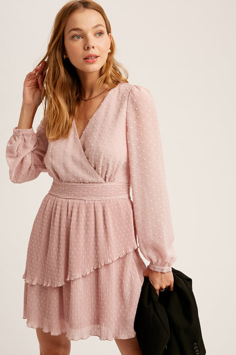 Textured Chiffon Swiss Dot V-neck Layer Skirts Dress