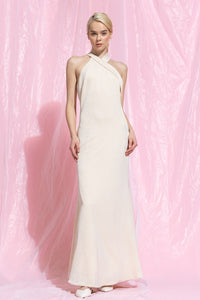 Satin Solid Cross Halter Back Neck Tie Maxi Dress