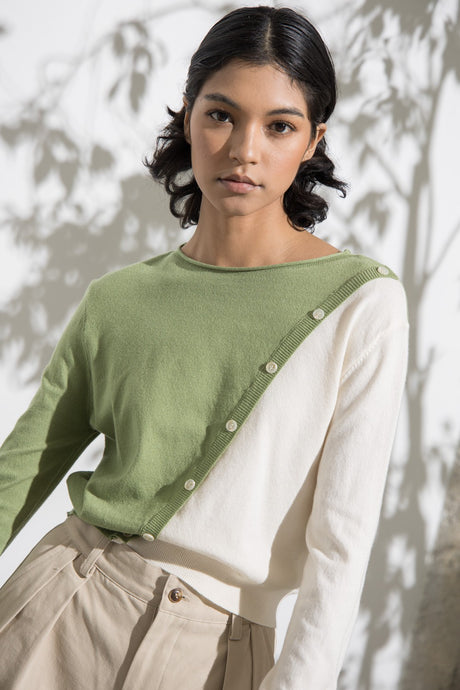 Elena Diagonal Button Down Colorblock Sweater Top