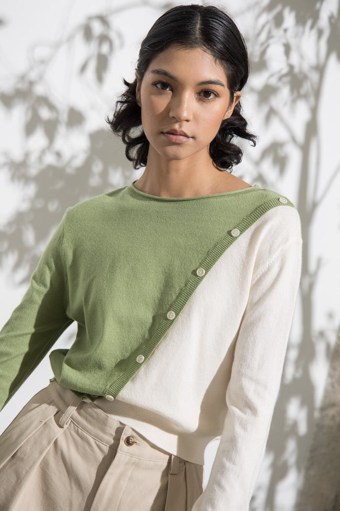 Elena Diagonal Button Down Colorblock Sweater Top