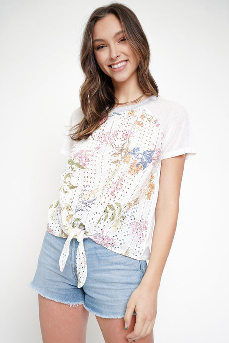 Tie Front Printed Eyelet Lace Top