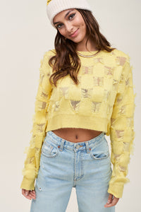 Checkerboard Pattern Fringed Sweater