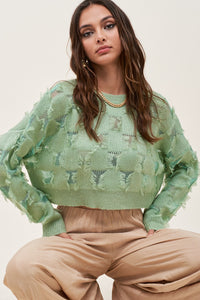 Checkerboard Pattern Fringed Sweater
