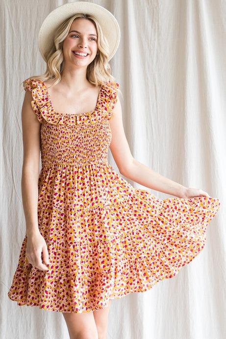 Print Frilled Square Neck Dress