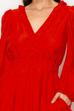 Load image into Gallery viewer, Long Puff Sleeves Ruffle V-neck Smoking Waist Mini Dress