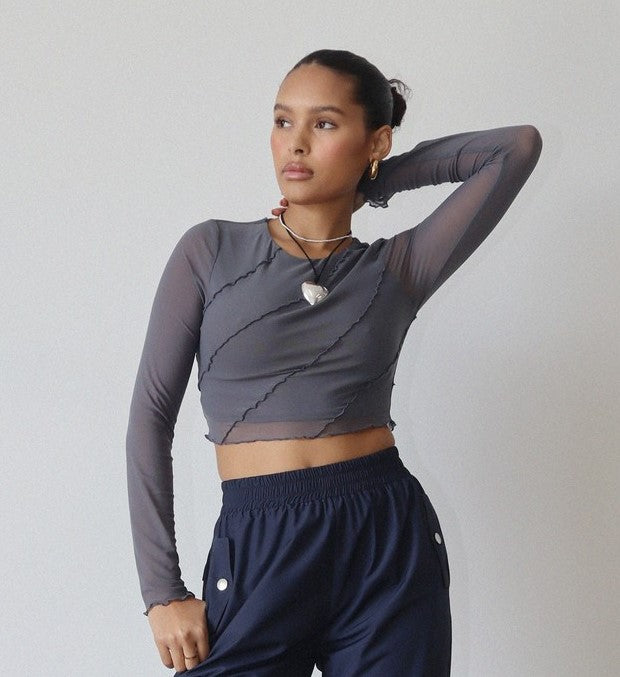 Mesh Long Sleeves Top With Merrow Edge