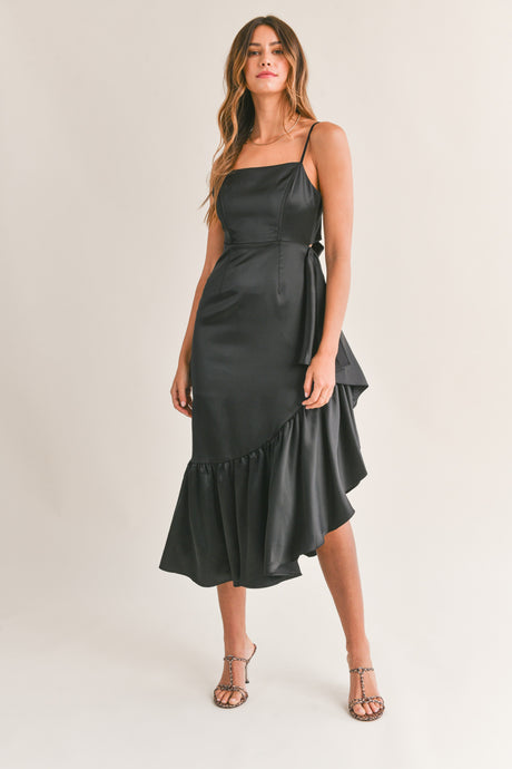 Frill Detail Asymmetric Hem Line Midi Dress