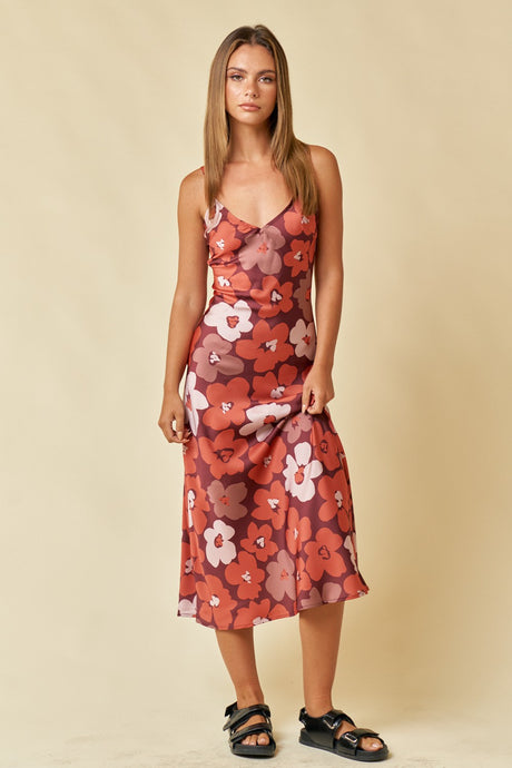 Floral Print Satin Slinky Midi Dress