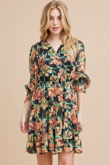 Flower Print Chiffon Surplice Neck Dress