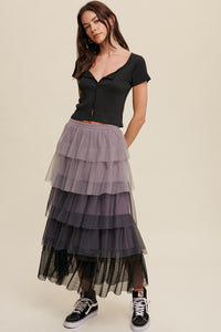 Gradient Style Tiered Mesh Maxi Skirt