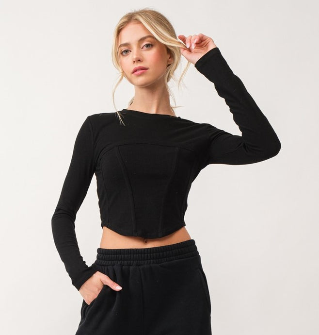 Aylin Round Neck Long Sleeve Corset Rib Knit Top