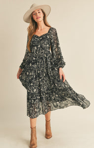 Floral Print Ruffle Trim Midi Dress