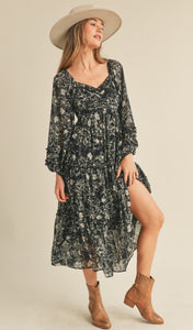 Floral Print Ruffle Trim Midi Dress
