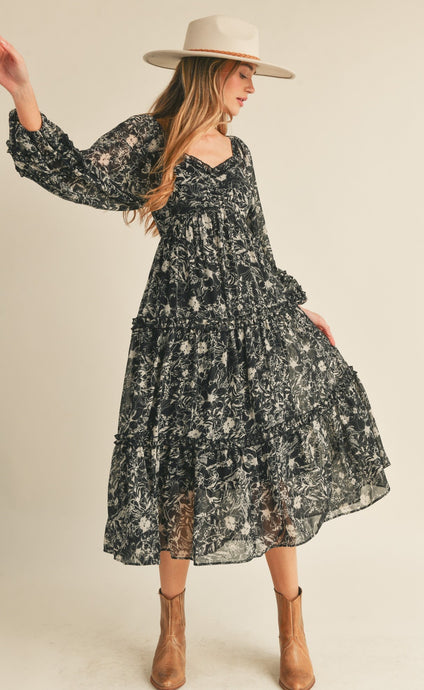 Floral Print Ruffle Trim Midi Dress
