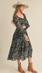 Floral Print Ruffle Trim Midi Dress