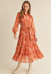 Button Down Ruffle Tiered Midi Dress