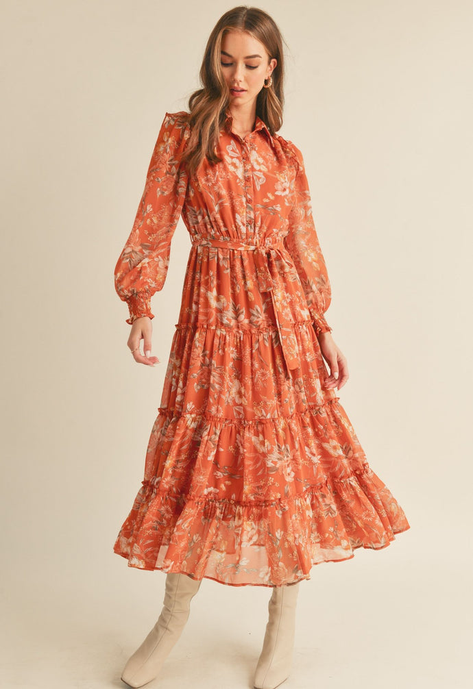 Button Down Ruffle Tiered Midi Dress