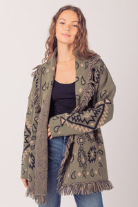 Aztec Graphic Shawl Collar Sweater Knit Cardigan
