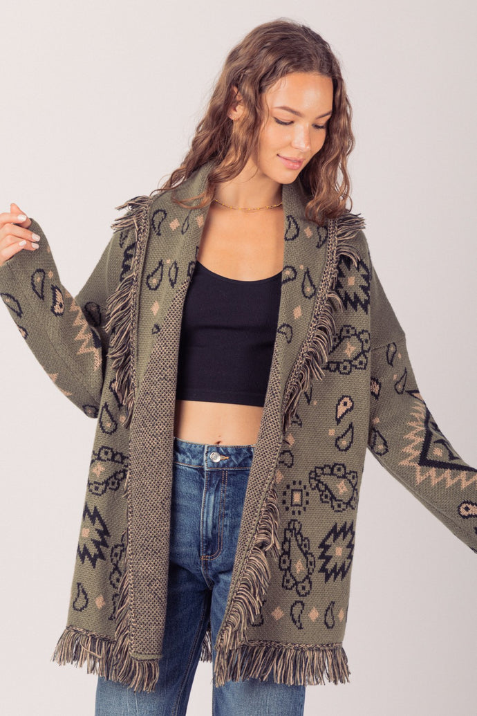 Aztec Graphic Shawl Collar Sweater Knit Cardigan