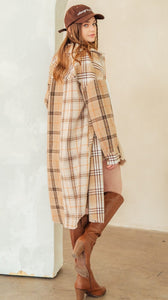Plaid Mixed Patchwork Midi Shacket Jacket Coat