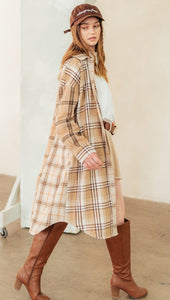 Plaid Mixed Patchwork Midi Shacket Jacket Coat