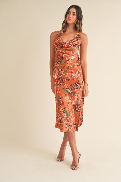 Satin Floral Printed Midi Dress
