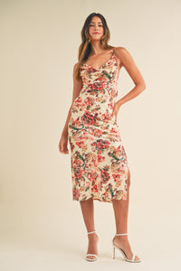 Satin Floral Printed Midi Dress