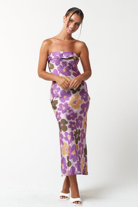 Floral Print Satin Midi Tube Dress