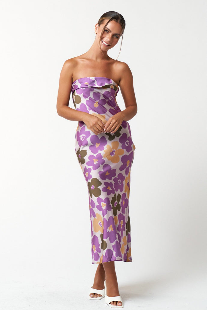 Floral Print Satin Midi Tube Dress
